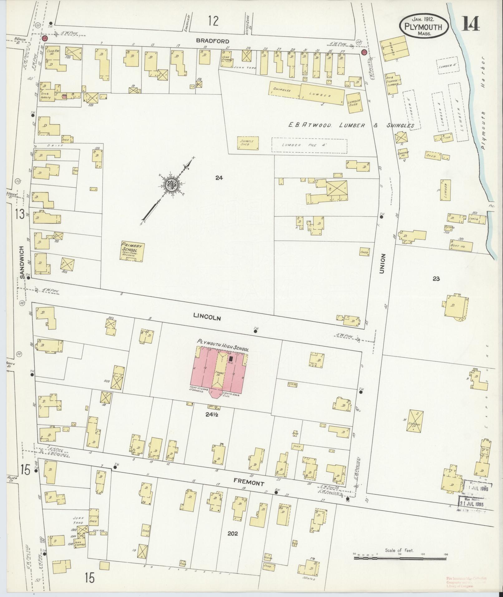 Sanborn Fire Insurance Map from Plymouth, Plymouth County, Massachusetts (1912), Sheet #0014 - Historic Sanborn Fire Insurance Map Print, vintage old map wall art, antique decor, genealogy gift, Massachusetts Massachusetts map