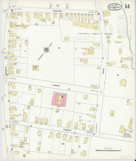 Sanborn Fire Insurance Map from Plymouth, Plymouth County, Massachusetts (1912), Sheet #0014 - Historic Sanborn Fire Insurance Map Print, vintage old map wall art, antique decor, genealogy gift, Massachusetts Massachusetts map
