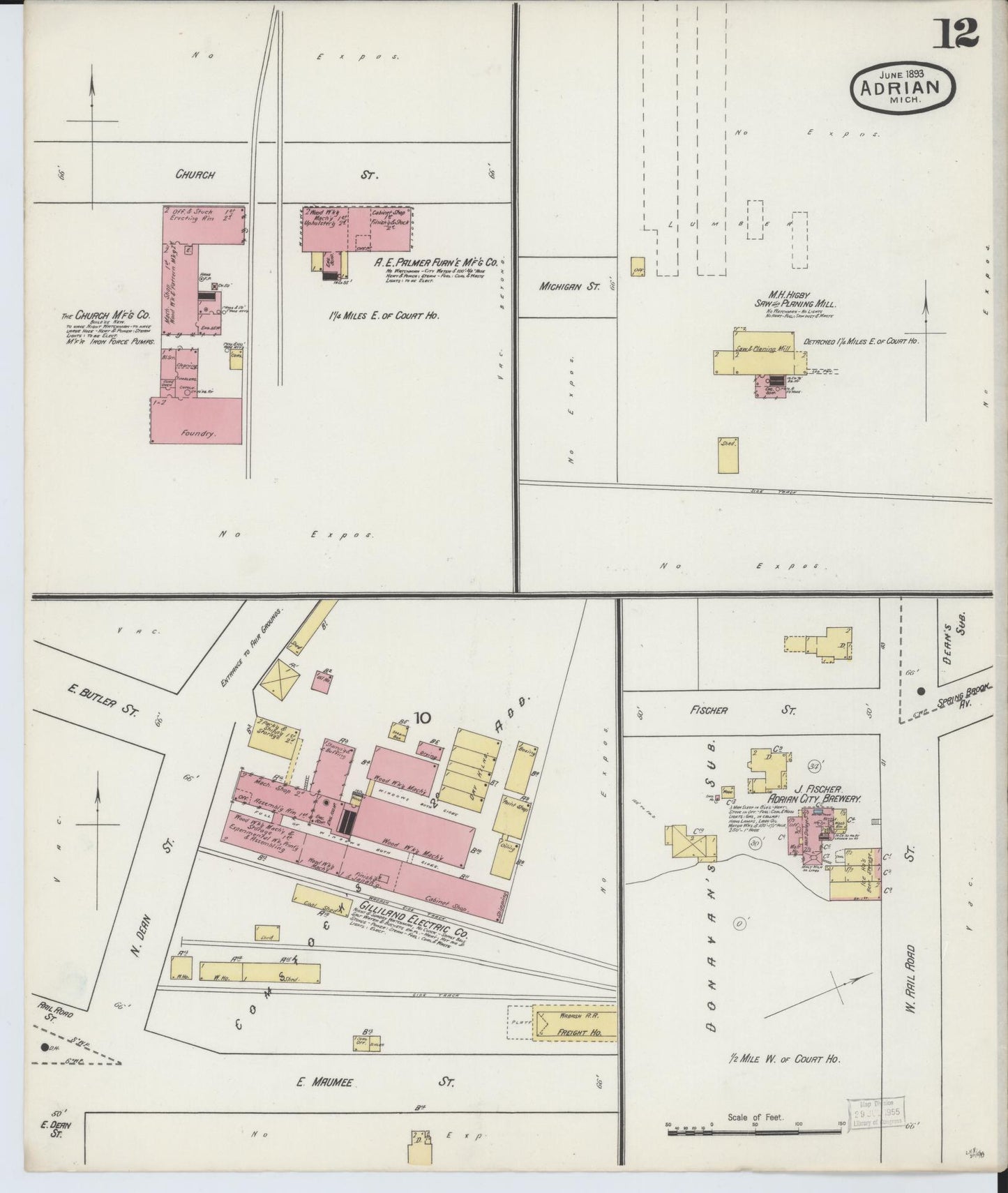 Sanborn Fire Insurance Map from Adrian, Lenawee County, Michigan (1893), Sheet #0012 - Historic Sanborn Fire Insurance Map Print, vintage old map wall art, antique decor, genealogy gift, Michigan Michigan map