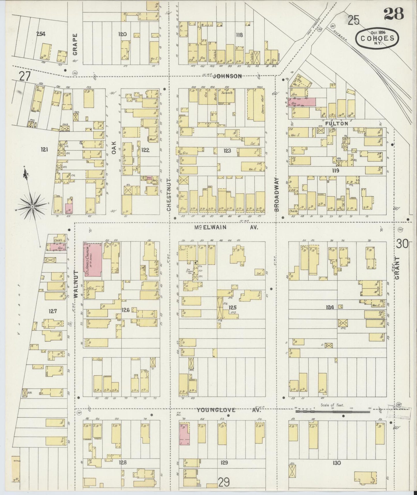Sanborn Fire Insurance Map from Cohoes, Albany County, New York (1896), Sheet #0028 - Historic Sanborn Fire Insurance Map Print, vintage old map wall art, antique decor, genealogy gift, New York New York map