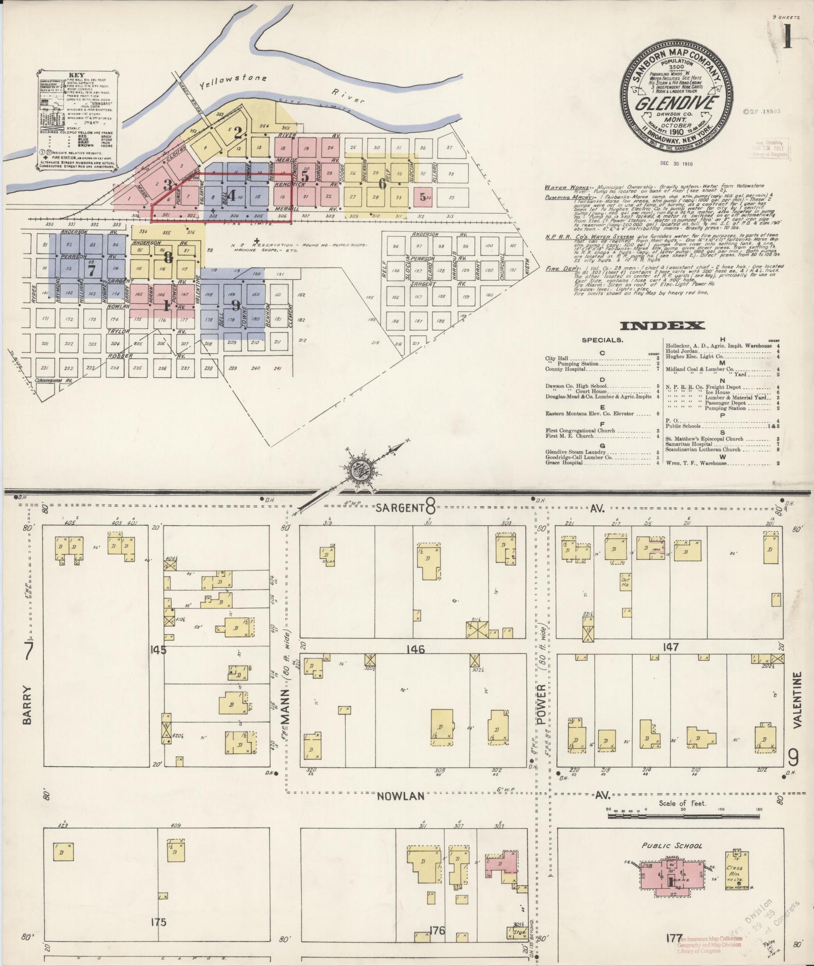 Sanborn Fire Insurance Map from Glendive, Dawson County, Montana (1910), Sheet #0001 - Complete Map Set gallery image, historic Sanborn map, vintage wall art, Montana Montana