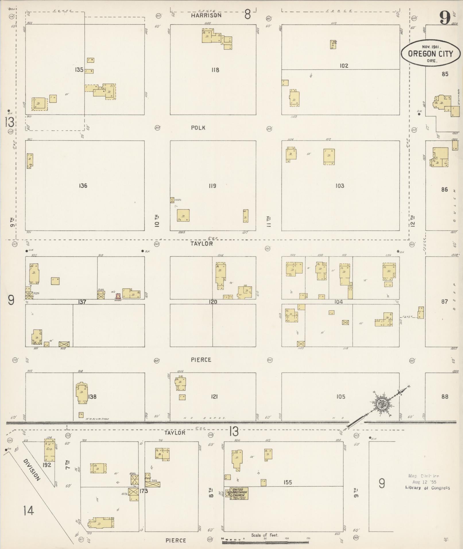 Sanborn Fire Insurance Map from Oregon City, Clackamas County, Oregon (1911), Sheet #0009 - Historic Sanborn Fire Insurance Map Print, vintage old map wall art, antique decor, genealogy gift, Oregon Oregon map