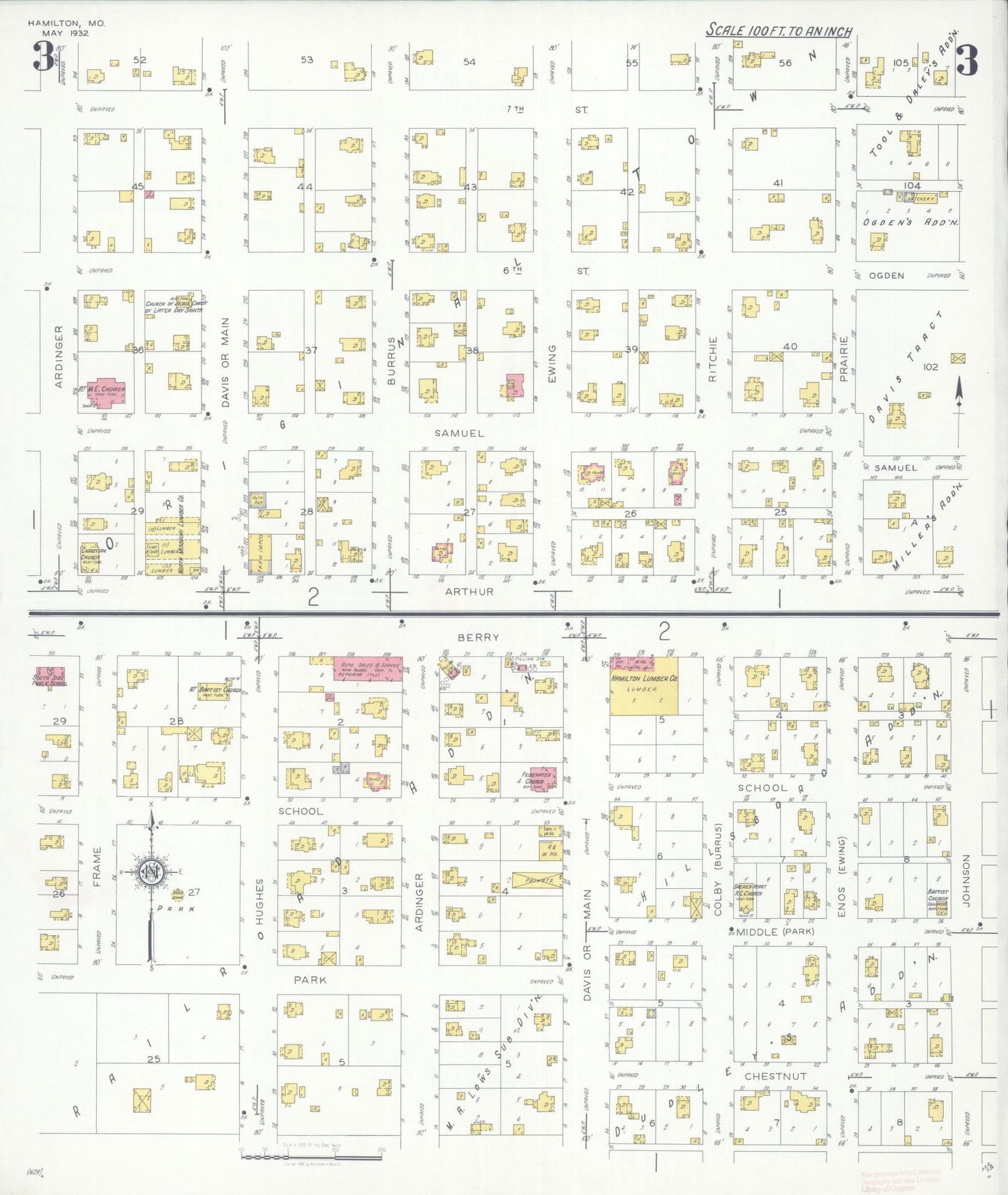 Sanborn Fire Insurance Map from Hamilton, Caldwell County, Missouri (1932), Sheet #0003 - Historic Sanborn Fire Insurance Map Print, vintage old map wall art, antique decor, genealogy gift, Missouri Missouri map