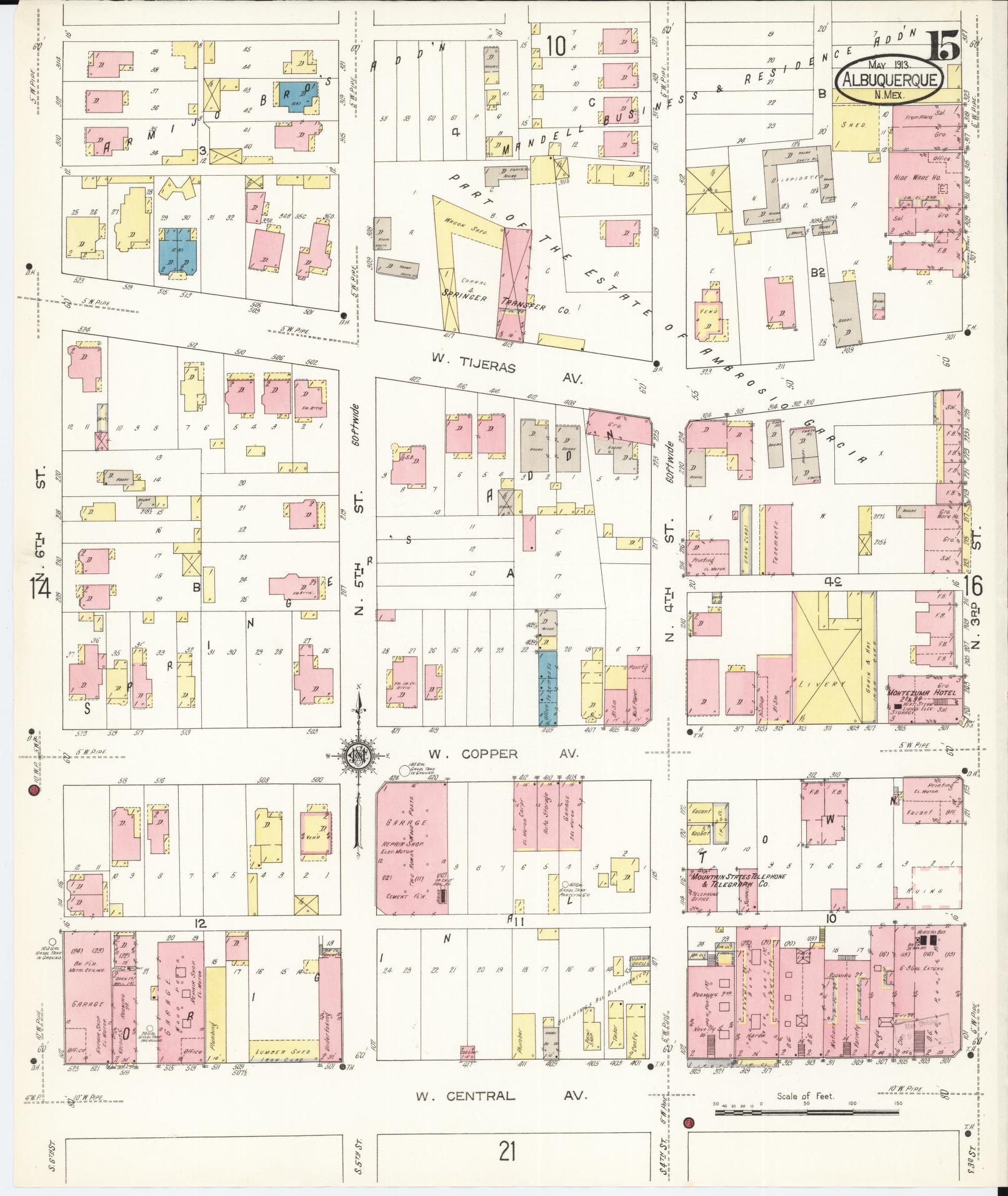 Sanborn Fire Insurance Map from Albuquerque, Bernalillo County, New Mexico (1913), Sheet #0015 - Historic Sanborn Fire Insurance Map Print, vintage old map wall art, antique decor, genealogy gift, New Mexico New Mexico map