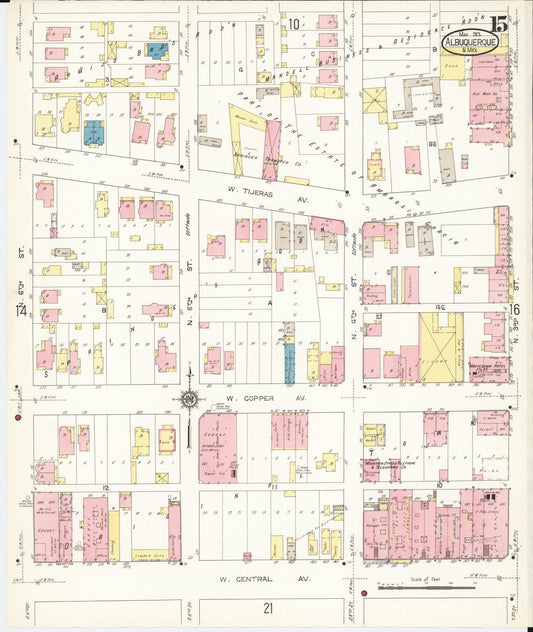 Sanborn Fire Insurance Map from Albuquerque, Bernalillo County, New Mexico (1913), Sheet #0015 - Historic Sanborn Fire Insurance Map Print, vintage old map wall art, antique decor, genealogy gift, New Mexico New Mexico map