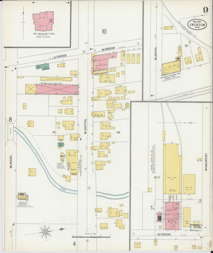 Sanborn Fire Insurance Map from Jackson, Hinds County, Mississippi (1900), Sheet #0009 - Complete Map Set gallery image, historic Sanborn map, vintage wall art, Mississippi Mississippi