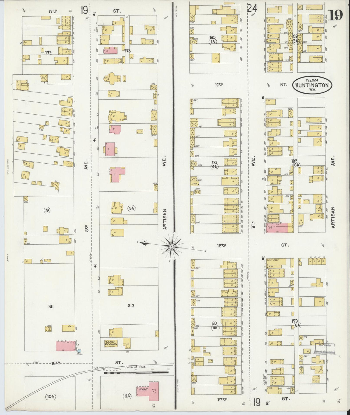 Sanborn Fire Insurance Map from Huntington, Cabell County, West Virginia (1904), Sheet #0019 - Historic Sanborn Fire Insurance Map Print, vintage old map wall art, antique decor, genealogy gift, West Virginia West Virginia map