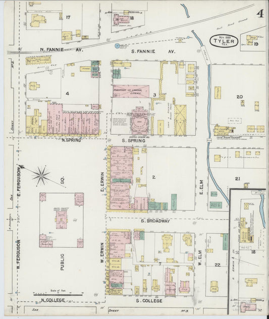 Sanborn Fire Insurance Map from Tyler, Smith County, Texas (1889), Sheet #0004 - Historic Sanborn Fire Insurance Map Print, vintage old map wall art, antique decor, genealogy gift, Texas Texas map
