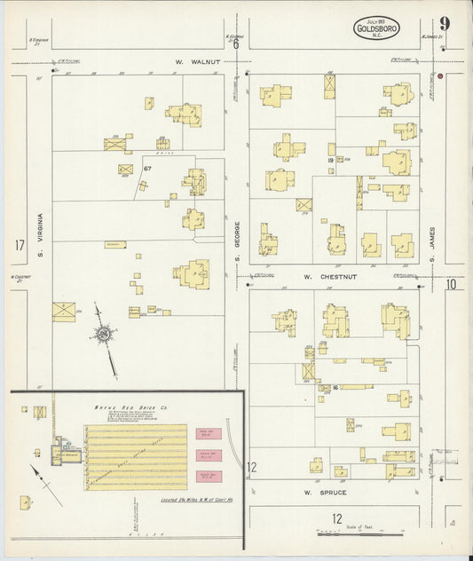 Sanborn Fire Insurance Map from Goldsboro, Wayne County, North Carolina (1913), Sheet #0009 - Historic Sanborn Fire Insurance Map Print, vintage old map wall art, antique decor, genealogy gift, North Carolina North Carolina map