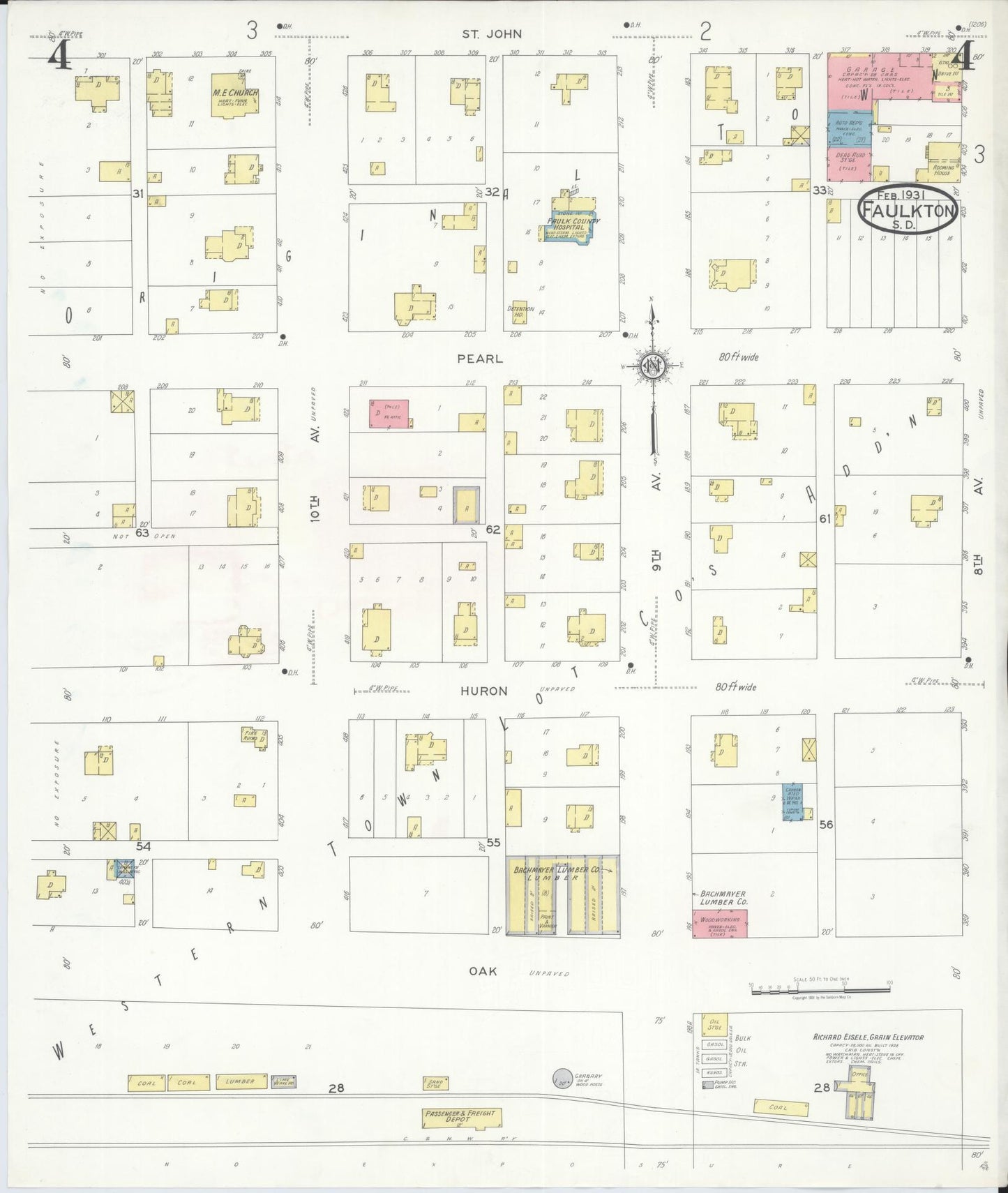 Sanborn Fire Insurance Map from Faulkton, Faulk County, South Dakota (1931), Sheet #0004 - Complete Map Set gallery image, historic Sanborn map, vintage wall art, South Dakota South Dakota