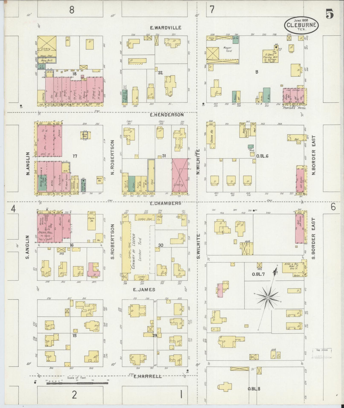 Sanborn Fire Insurance Map from Cleburne, Johnson County, Texas (1898), Sheet #0005 - Complete Map Set gallery image, historic Sanborn map, vintage wall art, Texas Texas