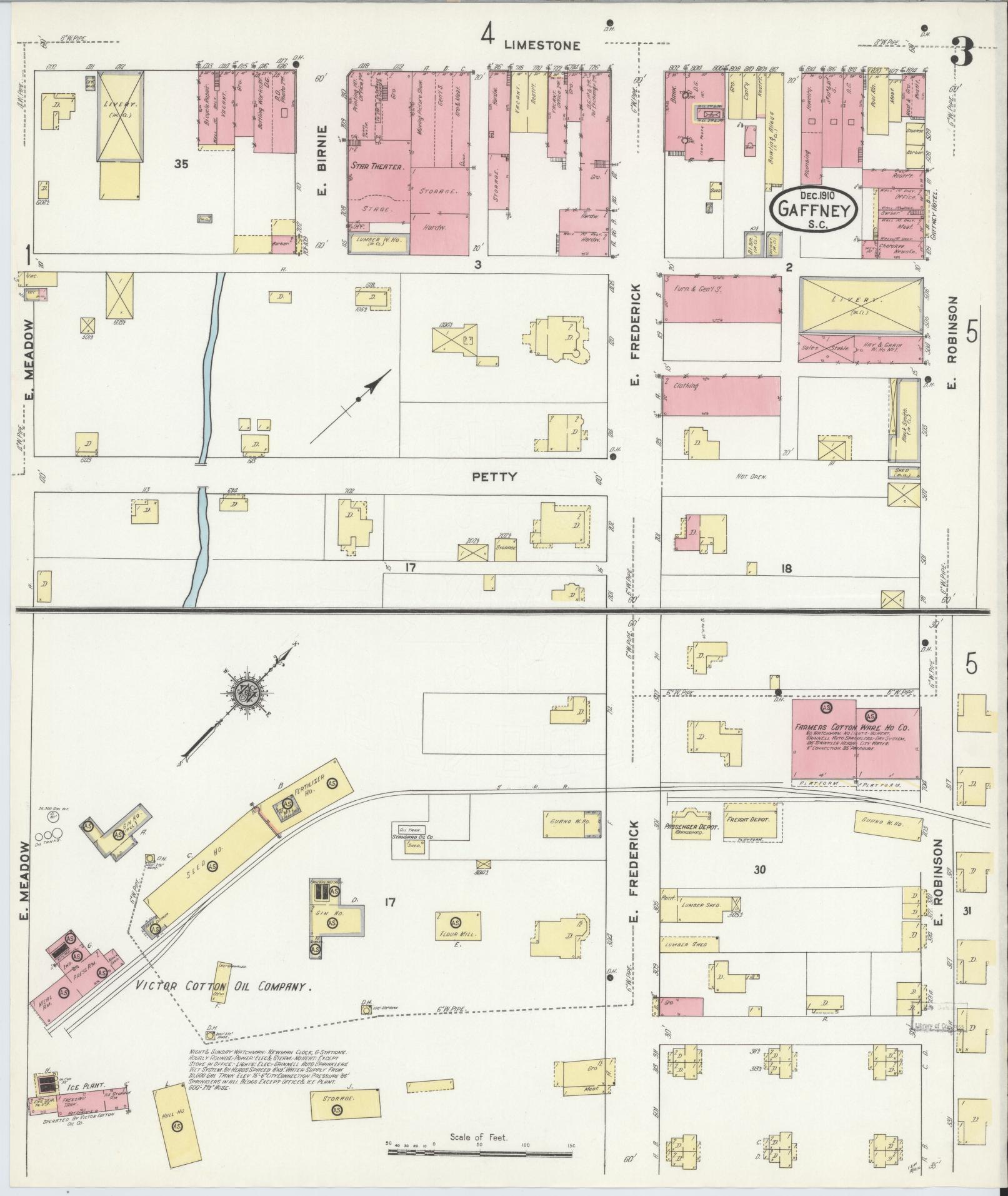 Sanborn Fire Insurance Map from Gaffney, Cherokee County, South Carolina (1910), Sheet #0003 - Complete Map Set gallery image, historic Sanborn map, vintage wall art, South Carolina South Carolina