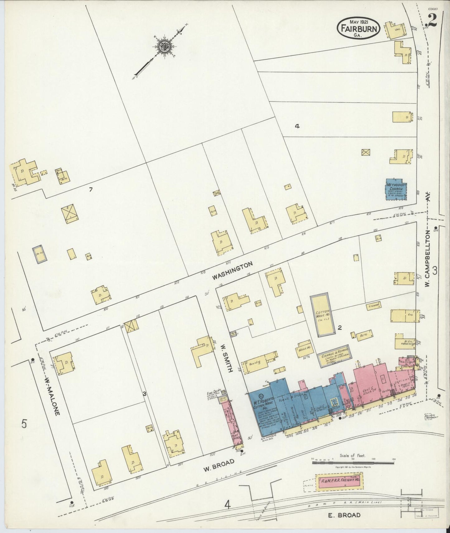 Sanborn Fire Insurance Map from Fairburn, Fulton County, Georgia (1921), Sheet #0002 - Complete Map Set gallery image, historic Sanborn map, vintage wall art, Georgia Georgia
