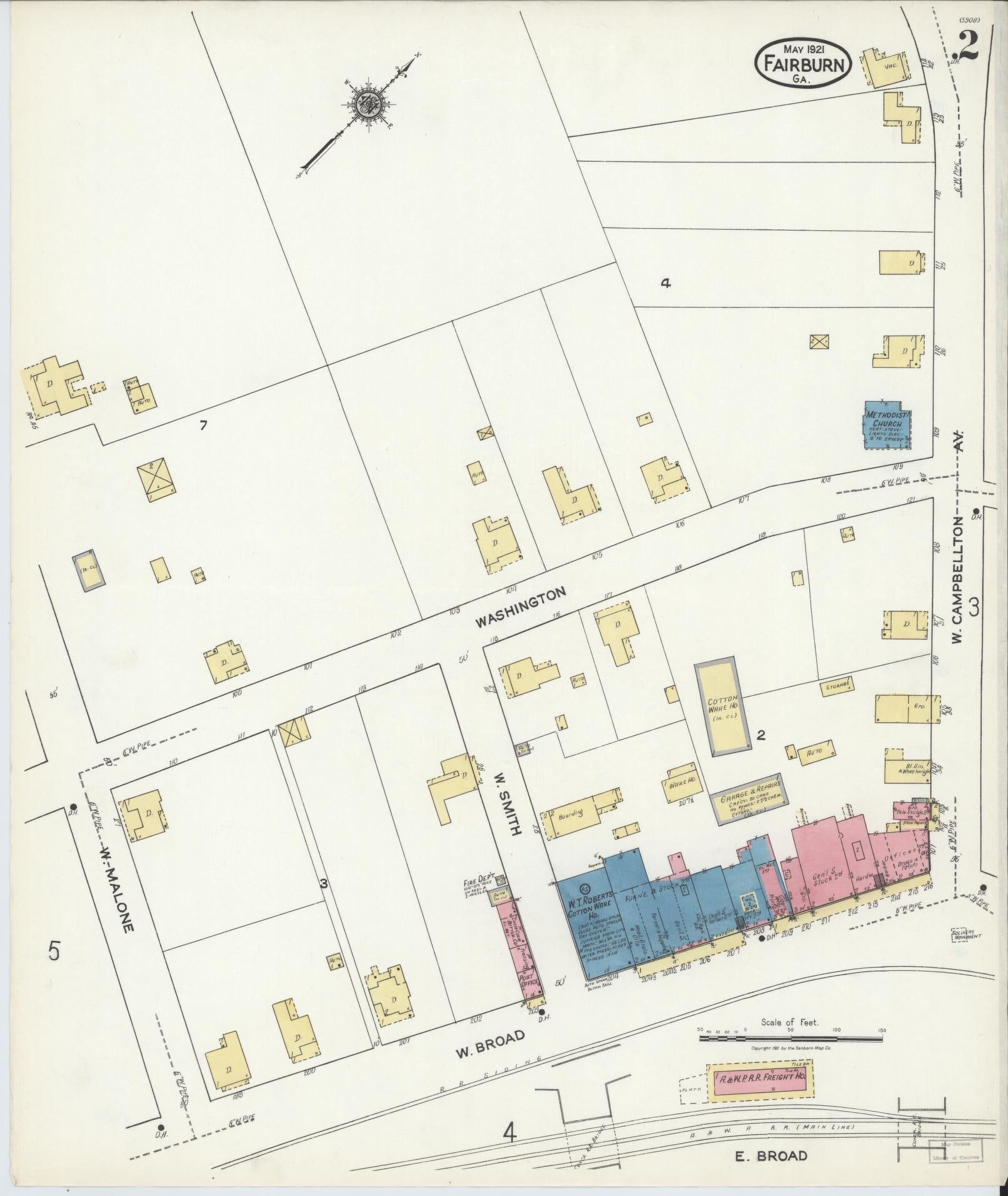 Sanborn Fire Insurance Map from Fairburn, Fulton County, Georgia (1921), Sheet #0002 - Complete Map Set gallery image, historic Sanborn map, vintage wall art, Georgia Georgia