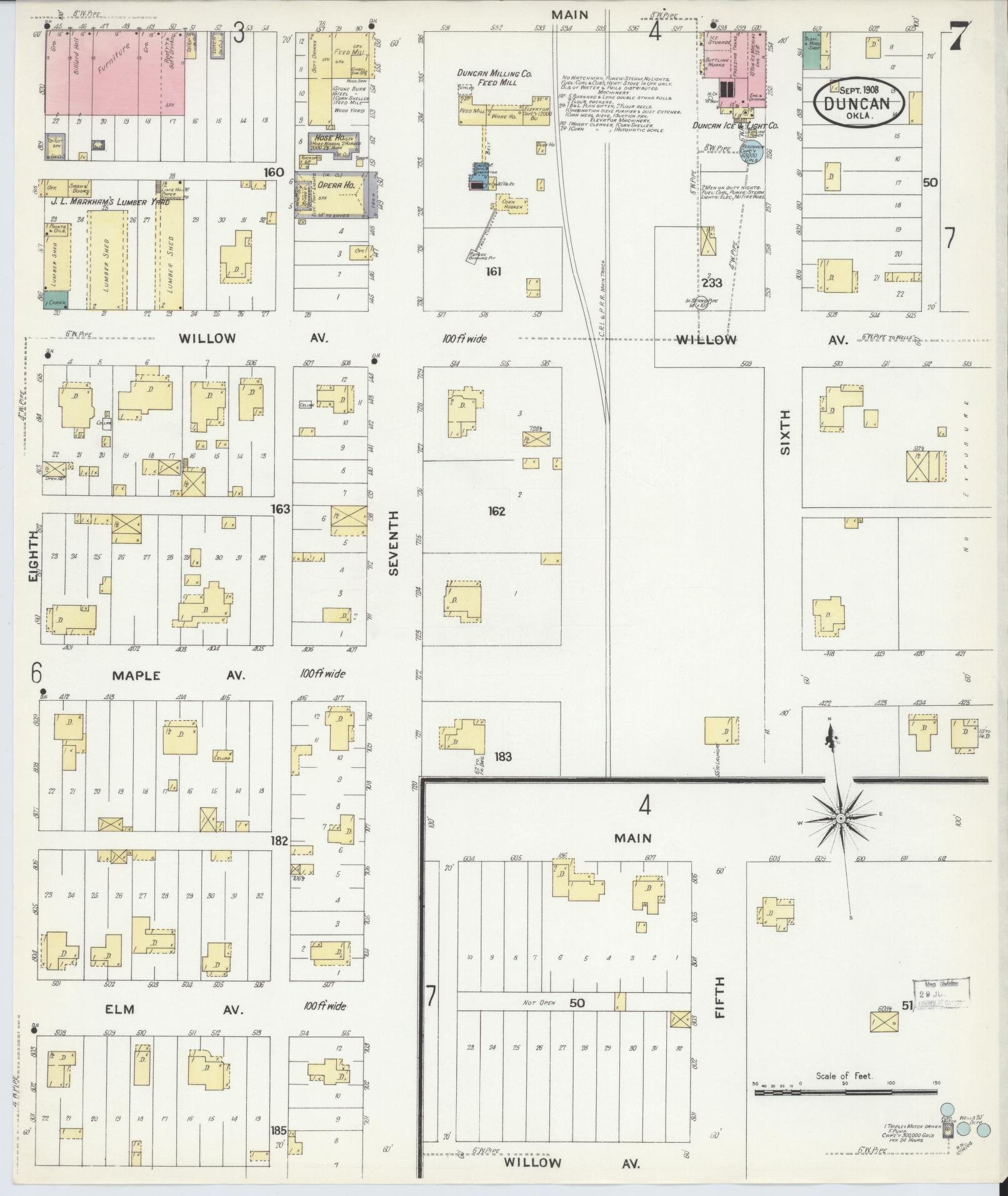 Sanborn Fire Insurance Map from Duncan, Stephens County, Oklahoma (1908), Sheet #0007 - Historic Sanborn Fire Insurance Map Print, vintage old map wall art, antique decor, genealogy gift, Oklahoma Oklahoma map