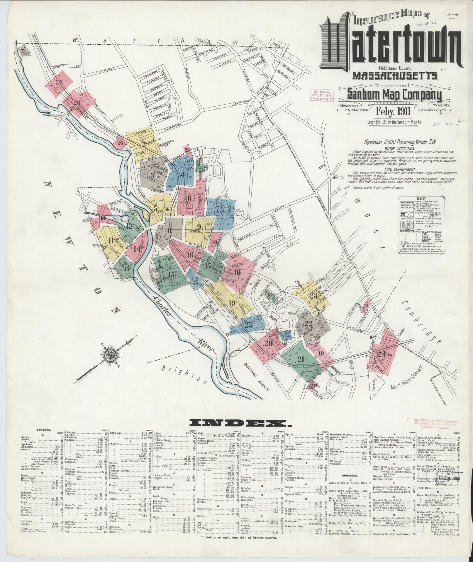Sanborn Fire Insurance Map from Watertown, Middlesex County, Massachusetts. (1911) – Historic Sanborn Fire Insurance Map Print