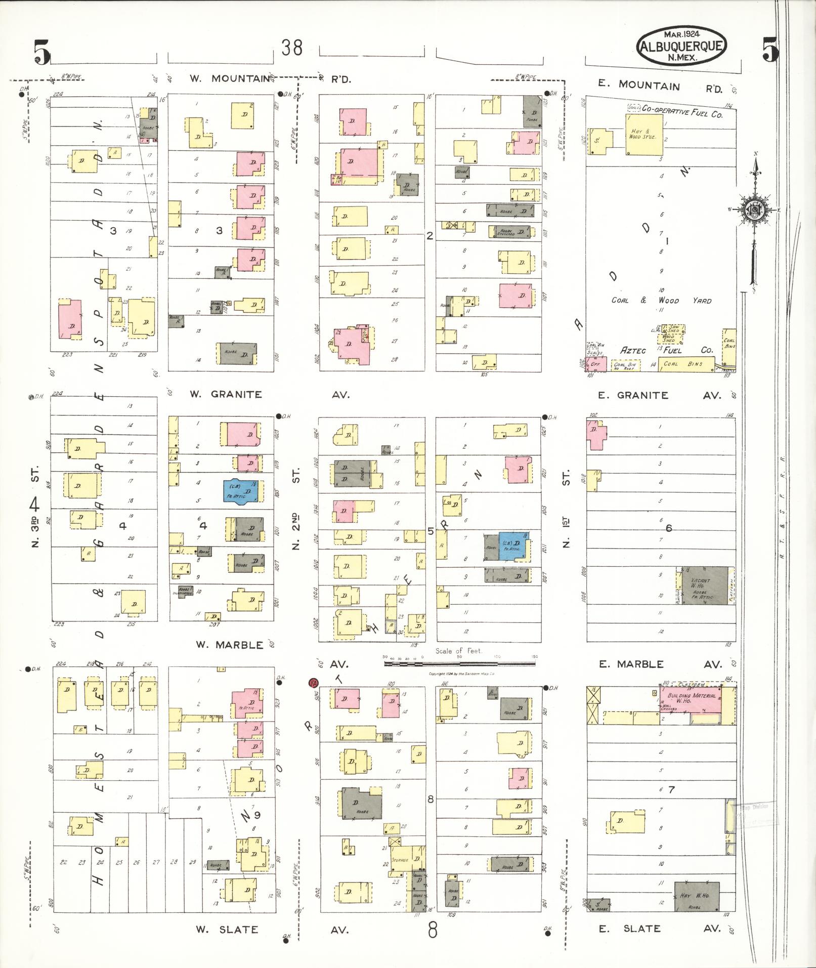 Sanborn Fire Insurance Map from Albuquerque, Bernalillo County, New Mexico (1924), Sheet #0005 - Complete Map Set gallery image, historic Sanborn map, vintage wall art, New Mexico New Mexico