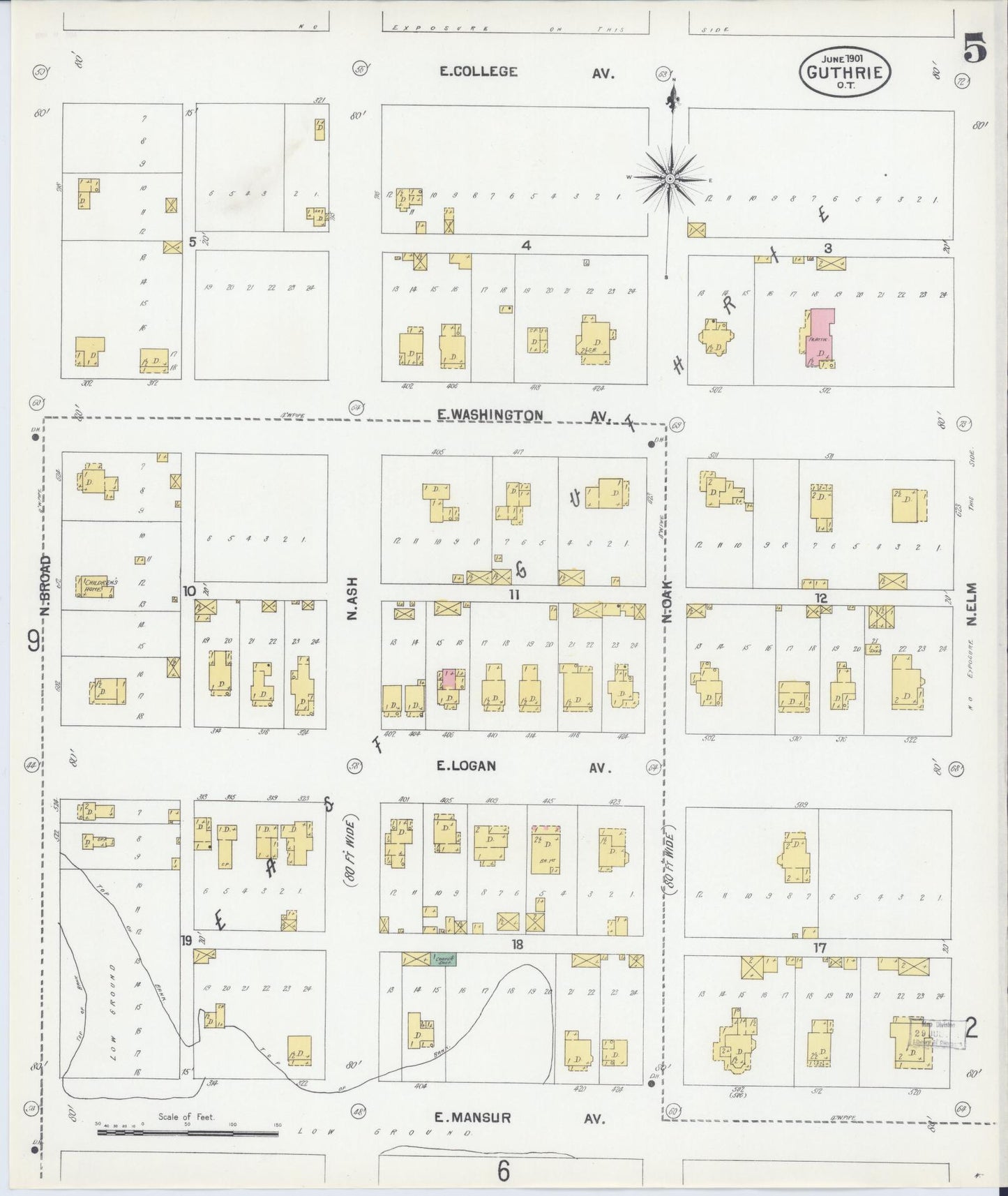 Sanborn Fire Insurance Map from Guthrie, Logan County, Oklahoma (1901), Sheet #0005 - Historic Sanborn Fire Insurance Map Print, vintage old map wall art, antique decor, genealogy gift, Oklahoma Oklahoma map