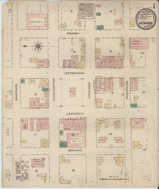 Sanborn Fire Insurance Map from Newnan, Coweta County, Georgia (1885), Sheet #0001 - Historic Sanborn Fire Insurance Map Print, vintage old map wall art, antique decor, genealogy gift, Georgia Georgia map