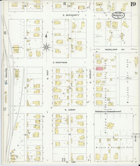 Sanborn Fire Insurance Map from Moberly, Randolph County, Missouri (1909), Sheet #0019 - Historic Sanborn Fire Insurance Map Print, vintage old map wall art, antique decor, genealogy gift, Missouri Missouri map