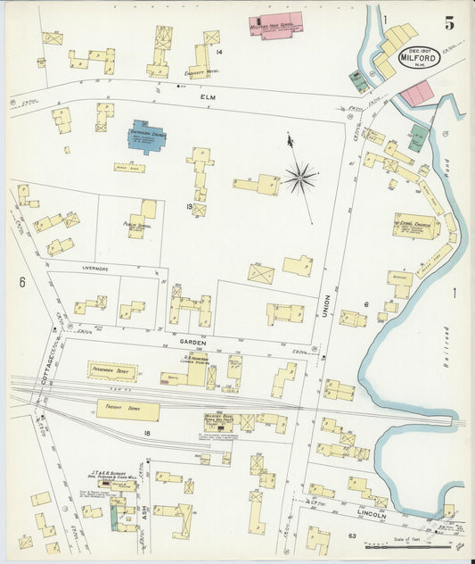 Sanborn Fire Insurance Map from Milford, Hillsborough County, New Hampshire (1907), Sheet #0005 - Historic Sanborn Fire Insurance Map Print, vintage old map wall art, antique decor, genealogy gift, New Hampshire New Hampshire map