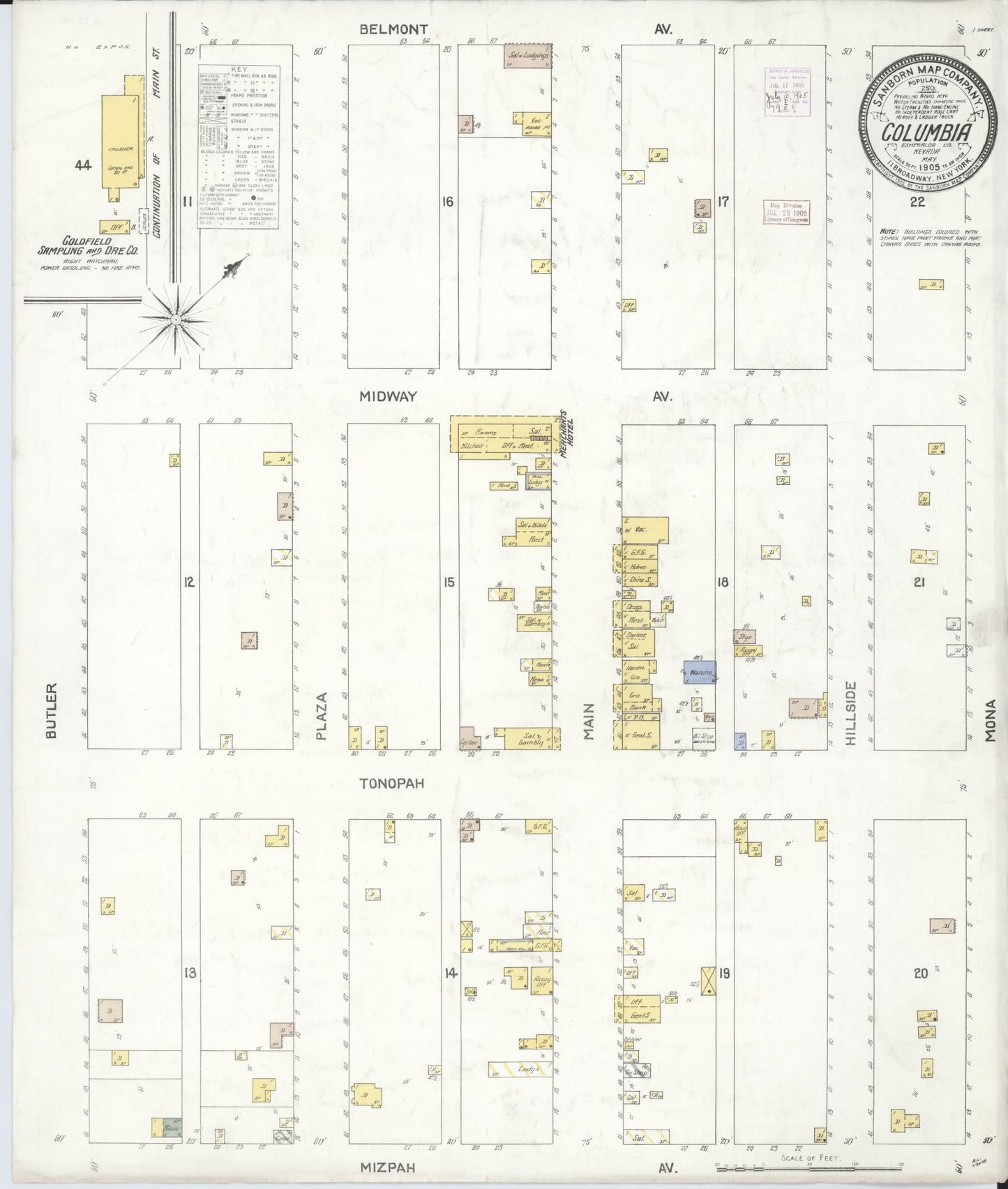 Sanborn Fire Insurance Map from Columbia, Esmeralda County, Nevada (1905), Sheet #0001 - Historic Sanborn Fire Insurance Map Print, vintage old map wall art, antique decor, genealogy gift, Nevada Nevada map