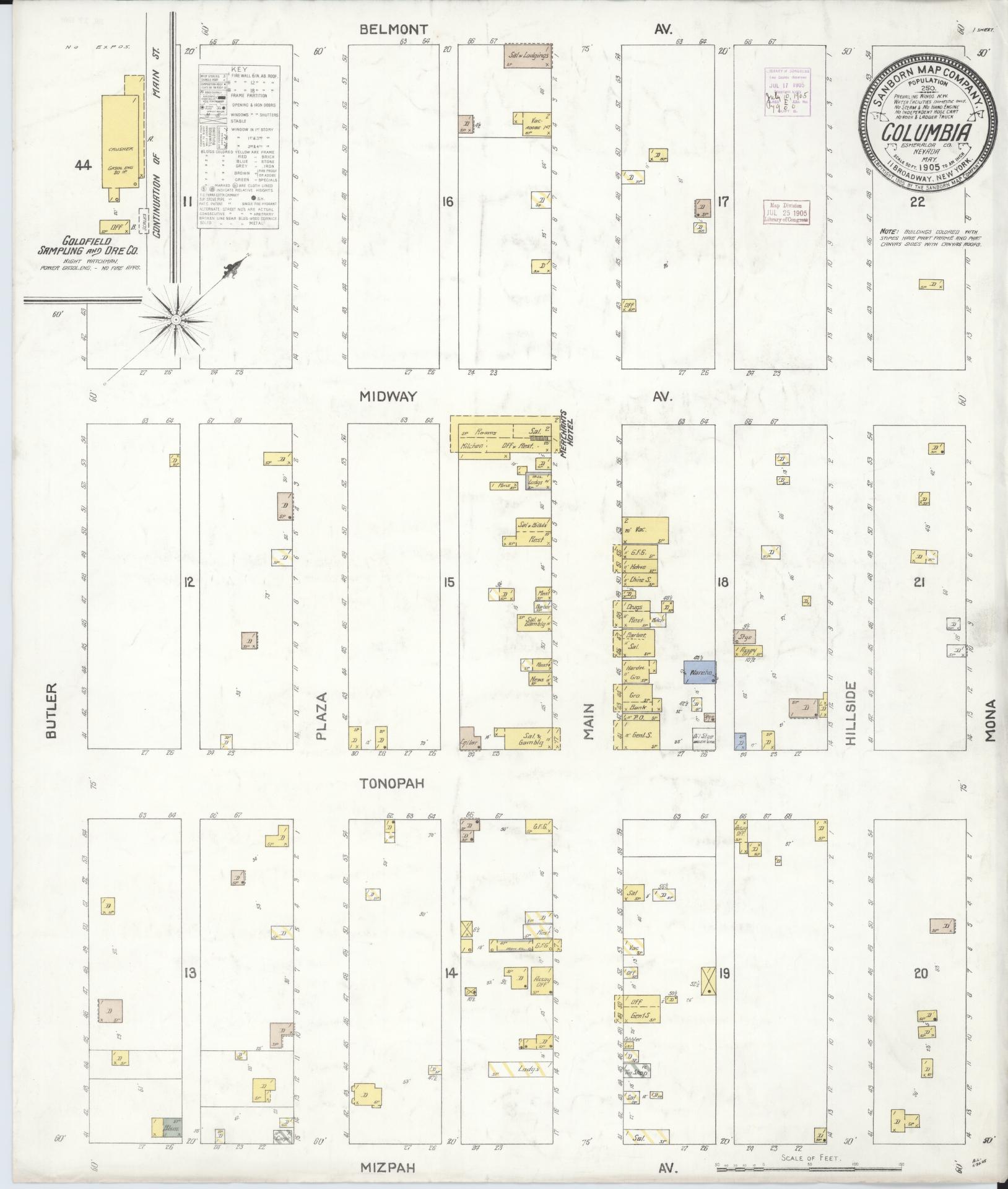 Sanborn Fire Insurance Map from Columbia, Esmeralda County, Nevada (1905), Sheet #0001 - Historic Sanborn Fire Insurance Map Print, vintage old map wall art, antique decor, genealogy gift, Nevada Nevada map