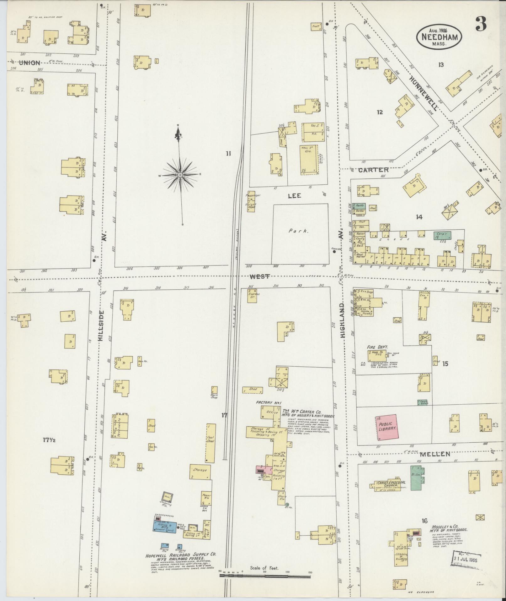 Sanborn Fire Insurance Map from Needham, Norfolk County, Massachusetts (1906), Sheet #0003 - Historic Sanborn Fire Insurance Map Print, vintage old map wall art, antique decor, genealogy gift, Massachusetts Massachusetts map