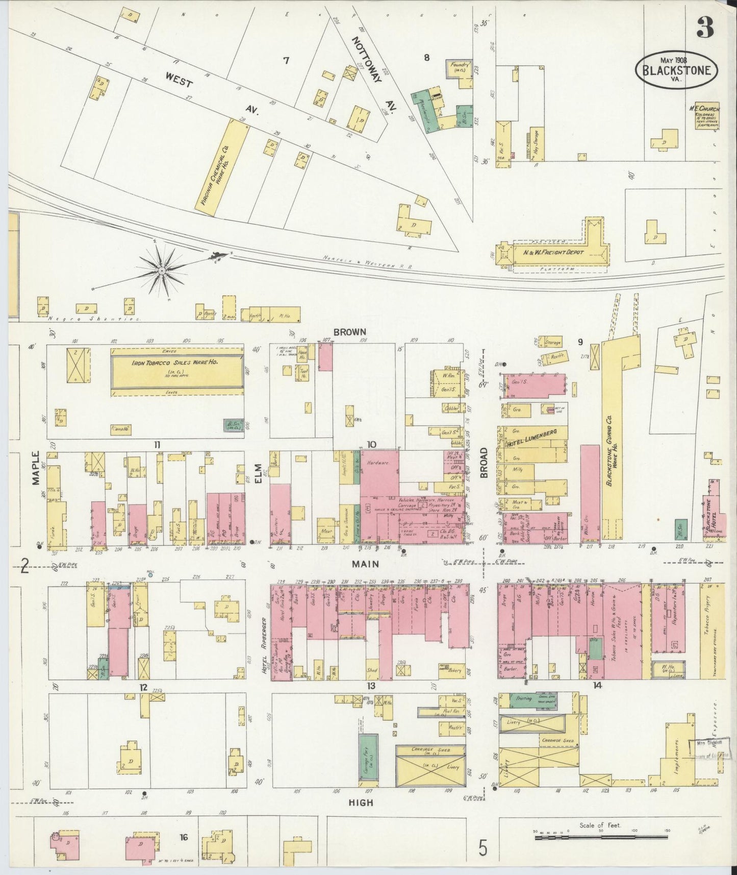 Sanborn Fire Insurance Map from Blackstone, Nottoway County, Virginia (1908), Sheet #0003 - Complete Map Set gallery image, historic Sanborn map, vintage wall art, Virginia Virginia