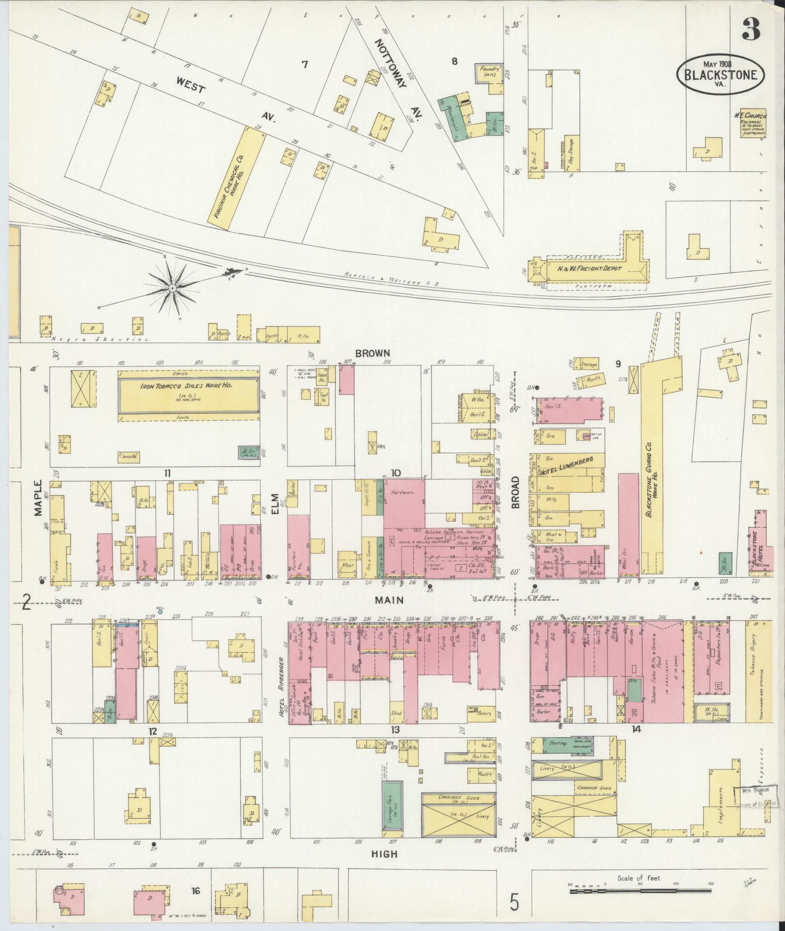 Sanborn Fire Insurance Map from Blackstone, Nottoway County, Virginia (1908), Sheet #0003 - Complete Map Set gallery image, historic Sanborn map, vintage wall art, Virginia Virginia