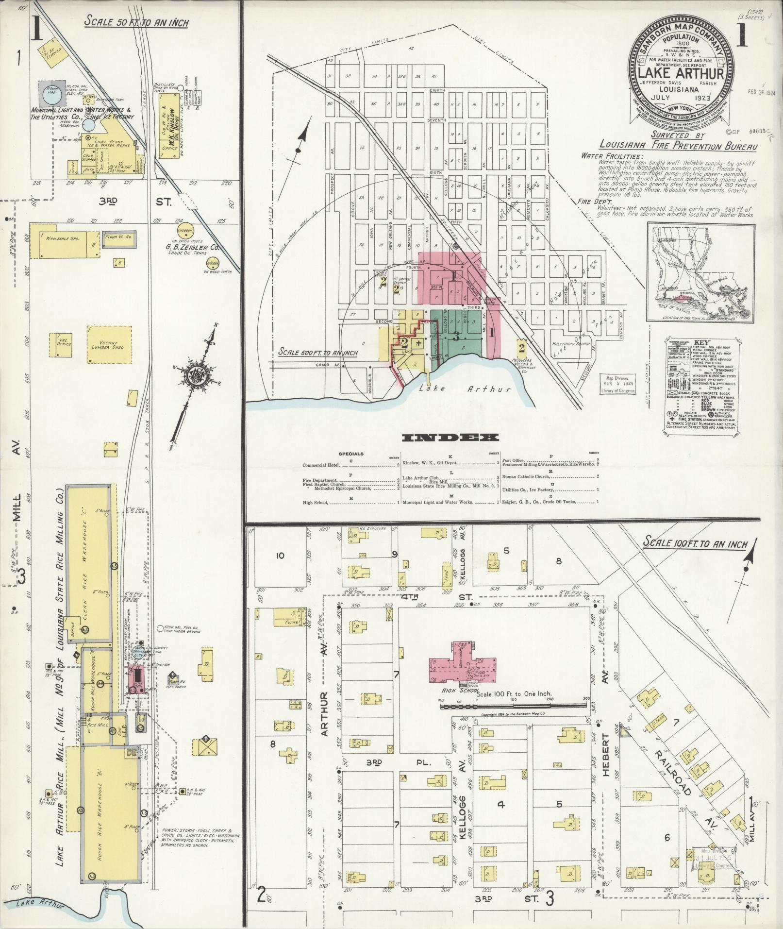 Sanborn Fire Insurance Map from Lake Arthur, Jefferson Davis Parish, Louisiana (1923), Sheet #0001 - Historic Sanborn Fire Insurance Map Print, vintage old map wall art, antique decor, genealogy gift, Louisiana Louisiana map