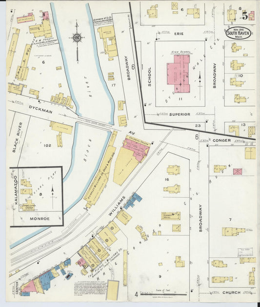 Sanborn Fire Insurance Map from South Haven, Van Buren County, Michigan (1916), Sheet #0005 - Historic Sanborn Fire Insurance Map Print, vintage old map wall art, antique decor, genealogy gift, Michigan Michigan map