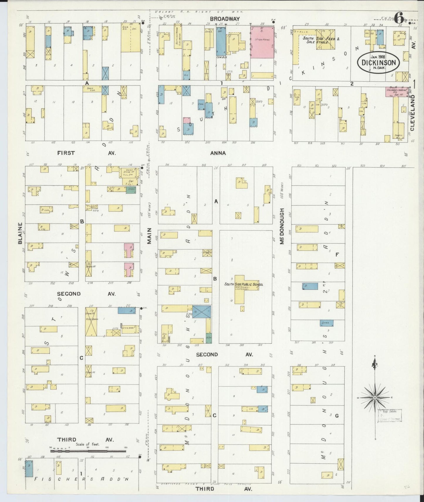 Sanborn Fire Insurance Map from Dickinson, Stark County, North Dakota (1908), Sheet #0006 - Historic Sanborn Fire Insurance Map Print, vintage old map wall art, antique decor, genealogy gift, North Dakota North Dakota map