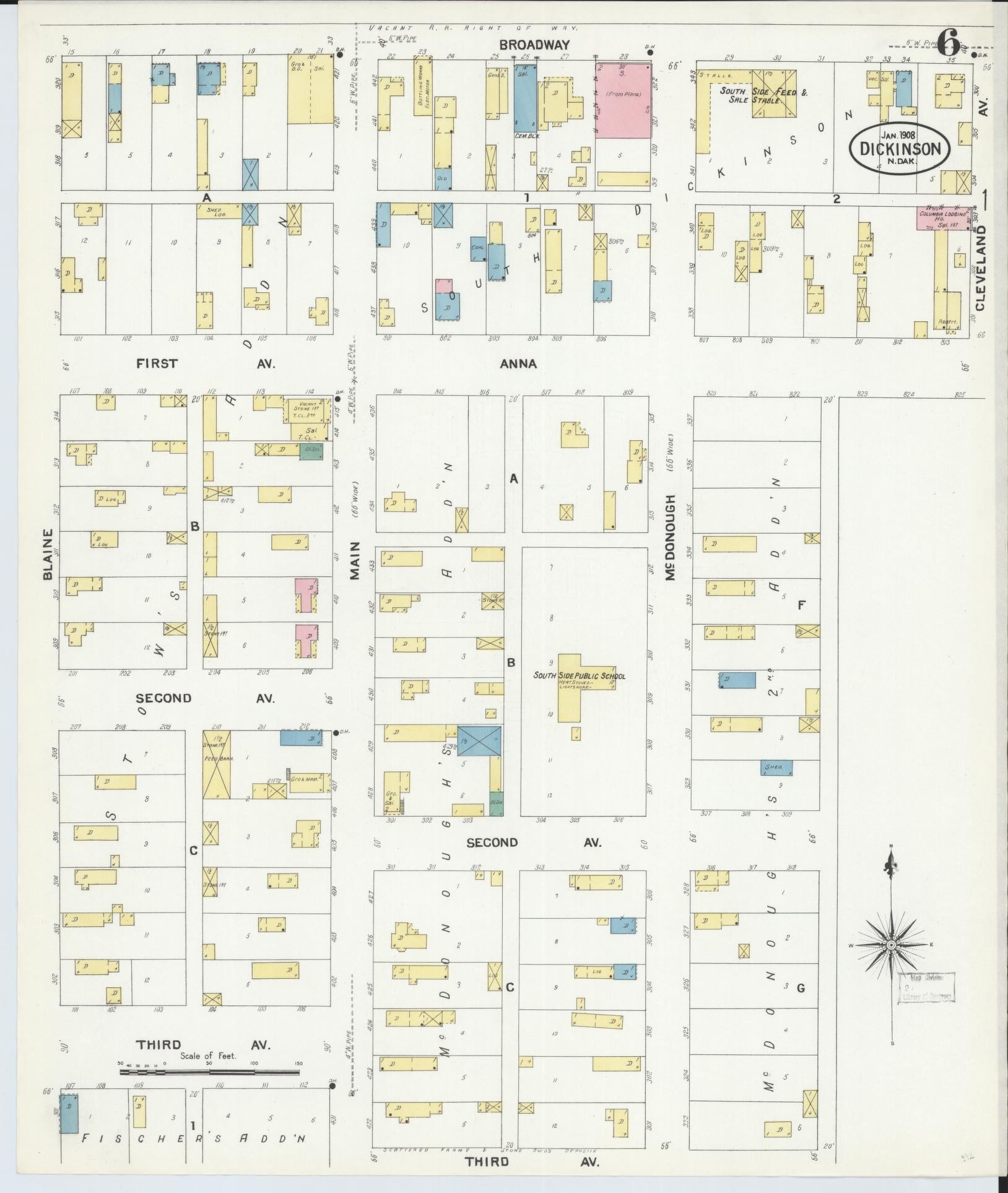 Sanborn Fire Insurance Map from Dickinson, Stark County, North Dakota (1908), Sheet #0006 - Historic Sanborn Fire Insurance Map Print, vintage old map wall art, antique decor, genealogy gift, North Dakota North Dakota map