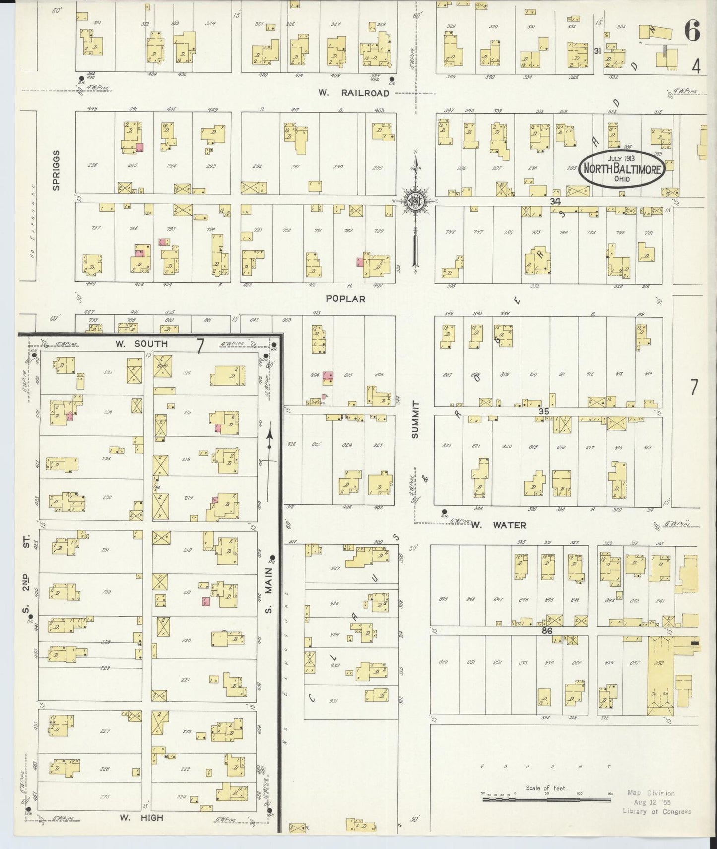 Sanborn Fire Insurance Map from North Baltimore, Wood County, Ohio (1913), Sheet #0006 - Complete Map Set gallery image, historic Sanborn map, vintage wall art, Ohio Ohio
