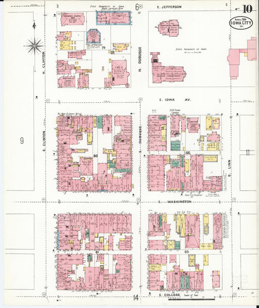 Sanborn Fire Insurance Map from Iowa City, Johnson County, Iowa (1906), Sheet #0010 - Historic Sanborn Fire Insurance Map Print, vintage old map wall art