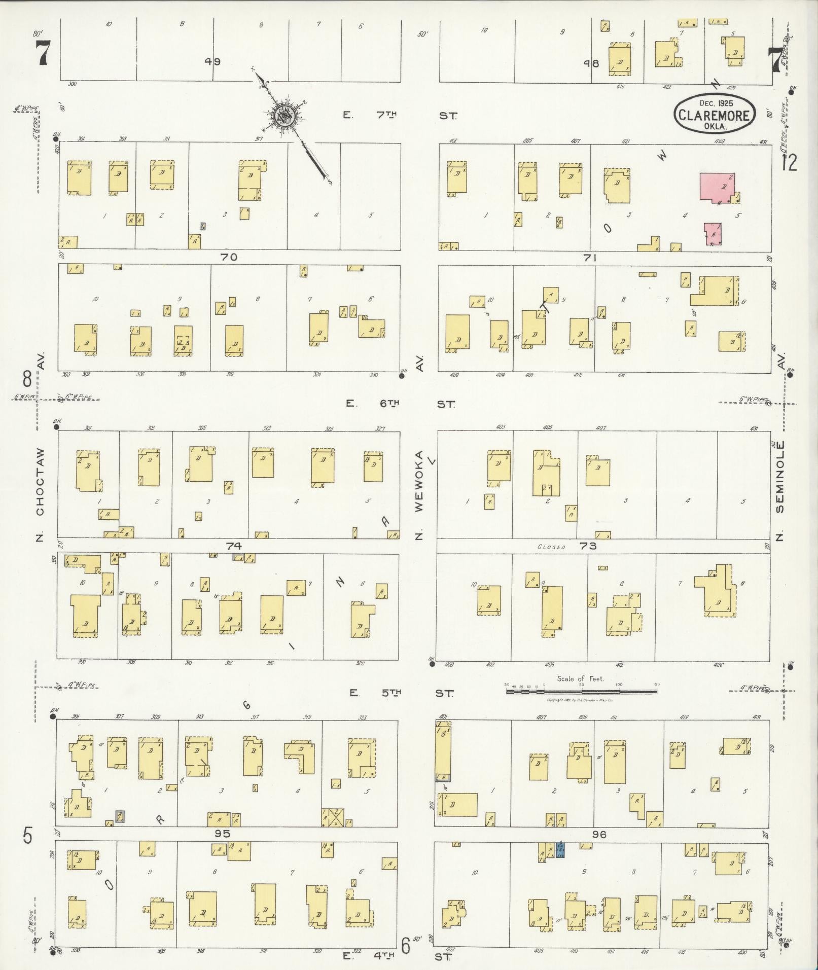 Sanborn Fire Insurance Map from Claremore, Rogers County, Oklahoma (1925), Sheet #0007 - Historic Sanborn Fire Insurance Map Print, vintage old map wall art, antique decor, genealogy gift, Oklahoma Oklahoma map