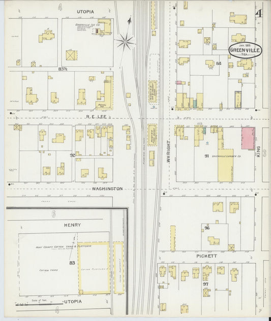 Sanborn Fire Insurance Map from Greenville, Hunt County, Texas (1893), Sheet #0004 - Historic Sanborn Fire Insurance Map Print, vintage old map wall art, antique decor, genealogy gift, Texas Texas map