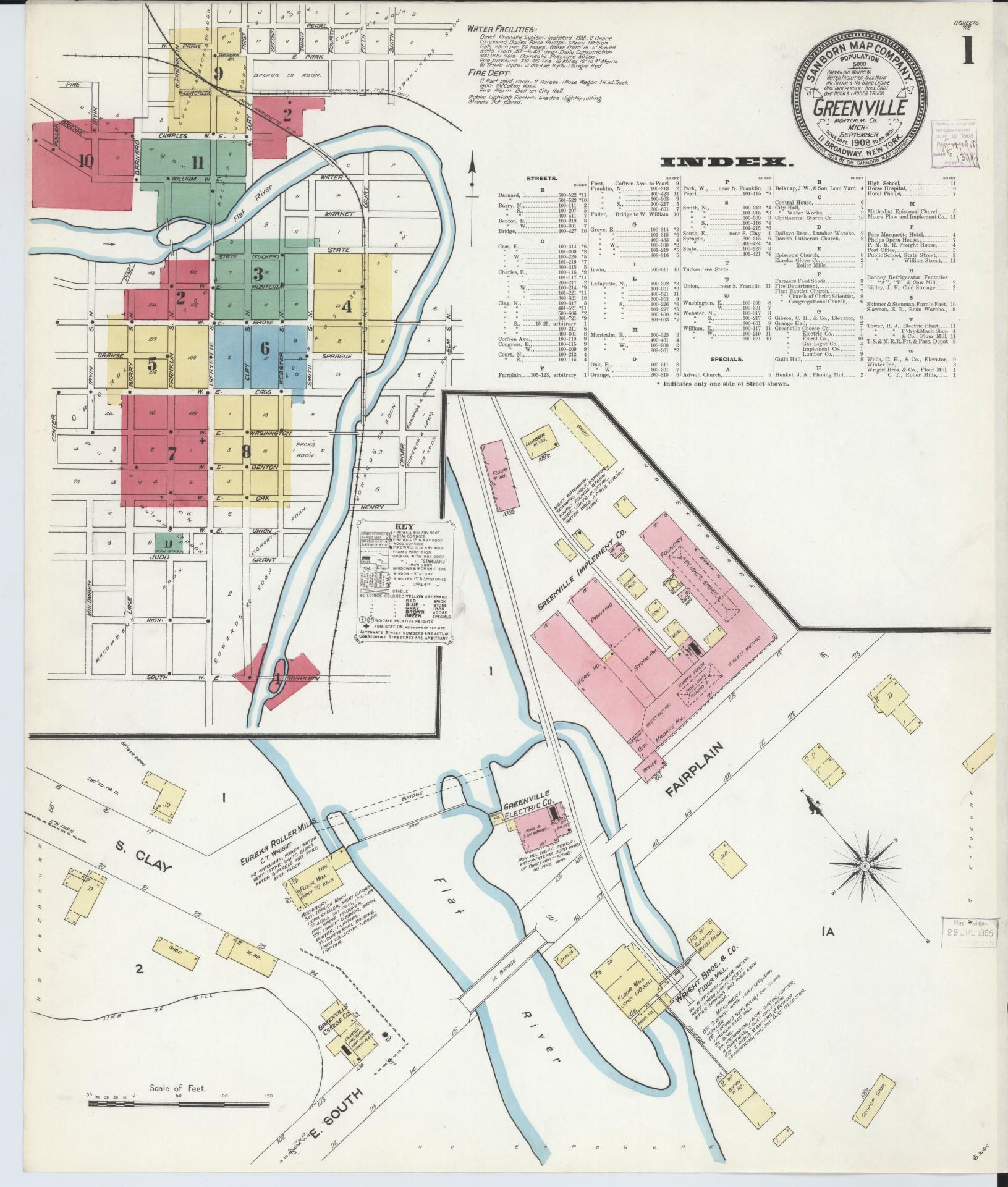 Sanborn Fire Insurance Map from Greenville, Montcalm County, Michigan (1908), Sheet #0001 - Historic Sanborn Fire Insurance Map Print, vintage old map wall art, antique decor, genealogy gift, Michigan Michigan map