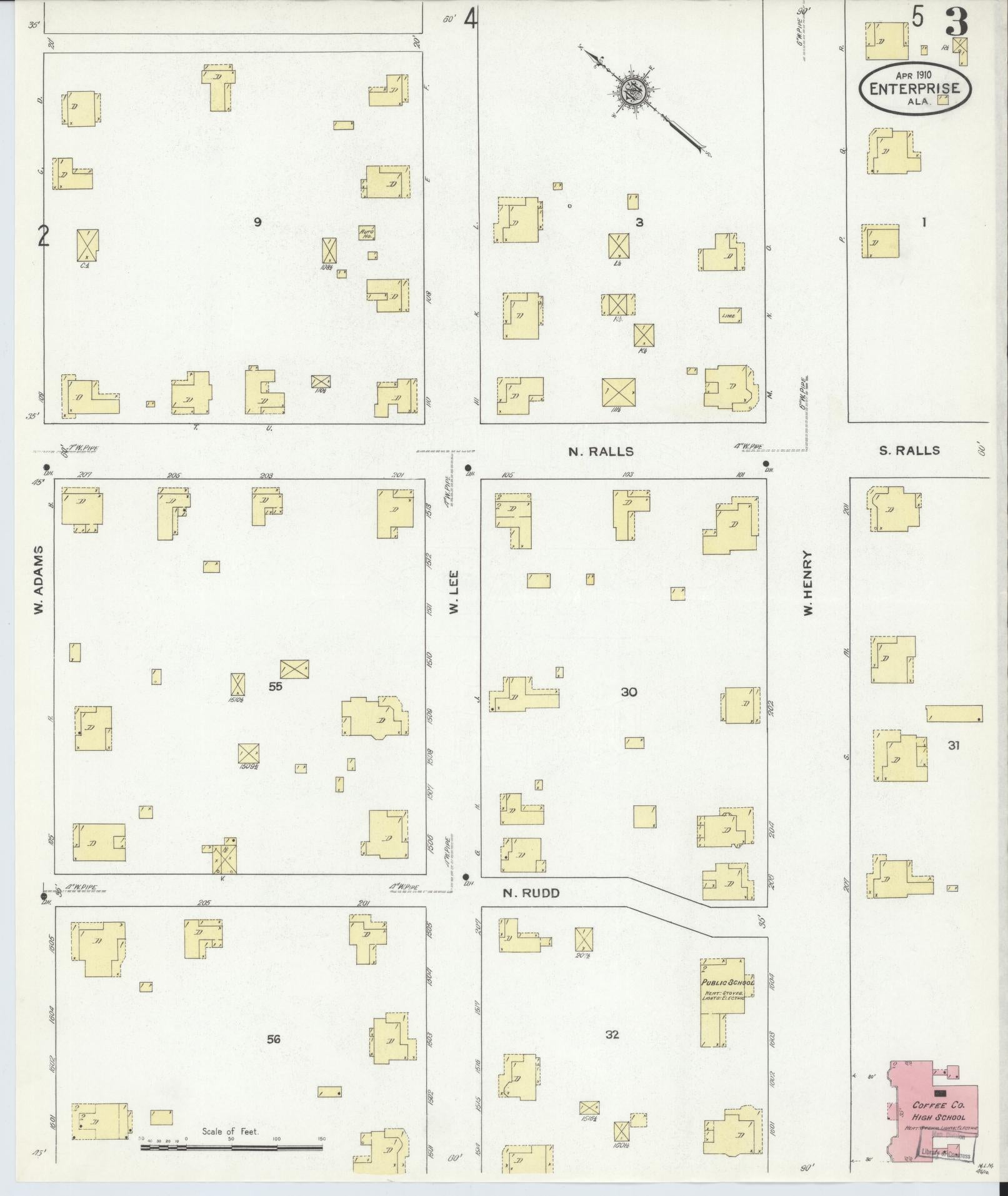 Sanborn Fire Insurance Map from Enterprise, Coffee County, Alabama (1910), Sheet #0003 - Historic Sanborn Fire Insurance Map Print, vintage old map wall art, antique decor, genealogy gift, Alabama Alabama map