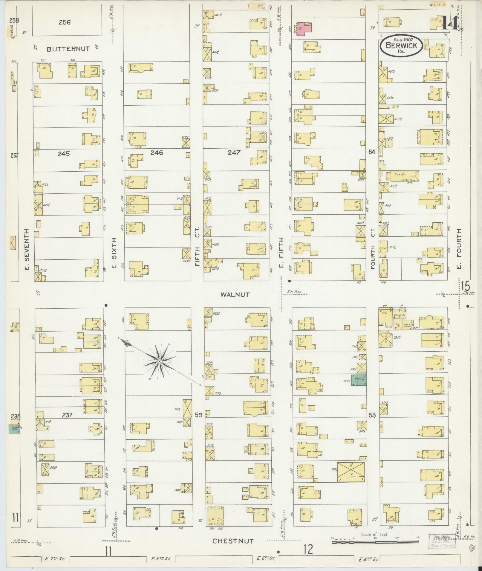 Sanborn Fire Insurance Map from Berwick, Columbia County, Pennsylvania (1907), Sheet #0014 - Historic Sanborn Fire Insurance Map Print, vintage old map wall art, antique decor, genealogy gift, Pennsylvania Pennsylvania map