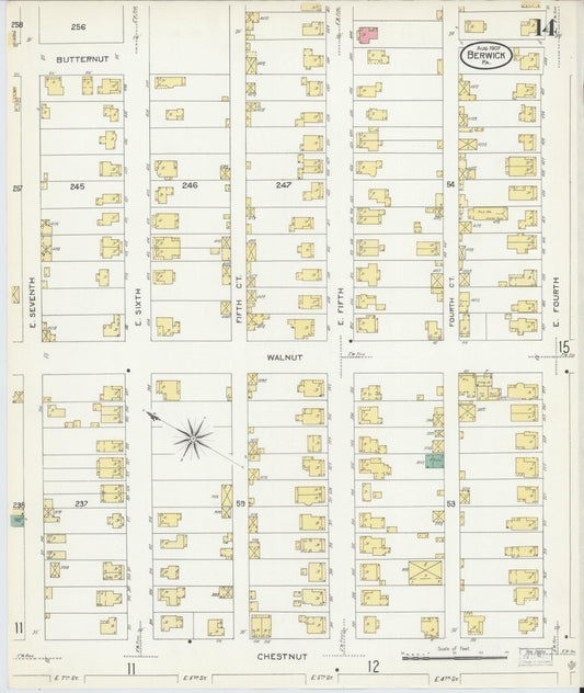 Sanborn Fire Insurance Map from Berwick, Columbia County, Pennsylvania (1907), Sheet #0014 - Historic Sanborn Fire Insurance Map Print, vintage old map wall art, antique decor, genealogy gift, Pennsylvania Pennsylvania map