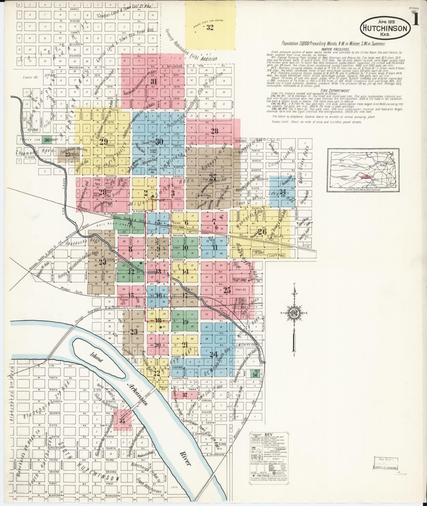 Sanborn Fire Insurance Map from Hutchinson, Reno County, Kansas (1915), Sheet #0002 - Complete Map Set gallery image, historic Sanborn map, vintage wall art, Kansas Kansas