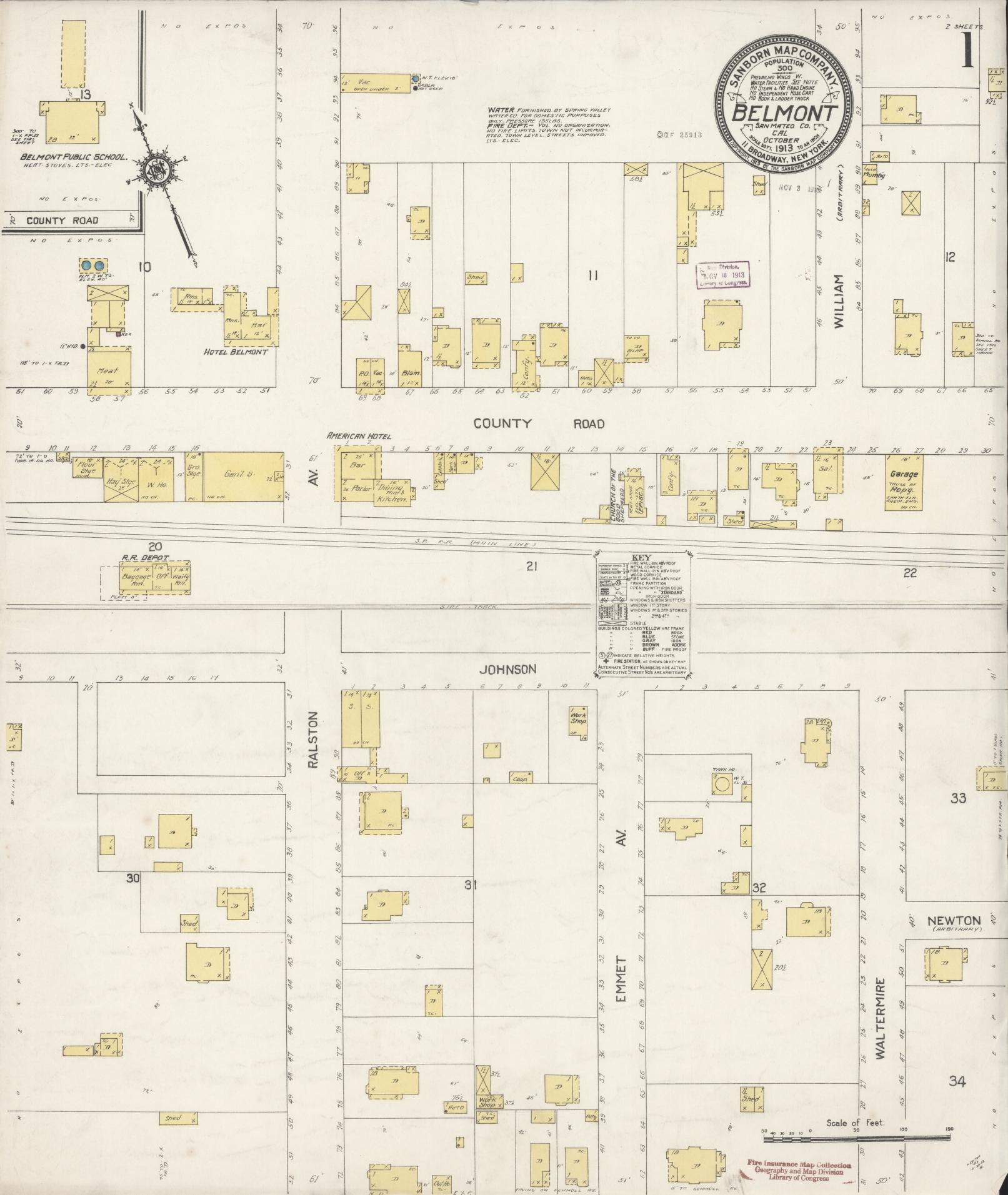 Sanborn Fire Insurance Map from Belmont, San Mateo County, California (1913), Sheet #0001 - Historic Sanborn Fire Insurance Map Print, vintage old map wall art, antique decor, genealogy gift, California California map