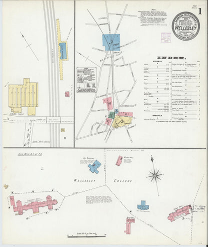 Sanborn Fire Insurance Map from Wellesley, Norfolk County, Massachusetts (1906), Sheet #0001 - Historic Sanborn Fire Insurance Map Print, vintage old map wall art, antique decor, genealogy gift, Massachusetts Massachusetts map
