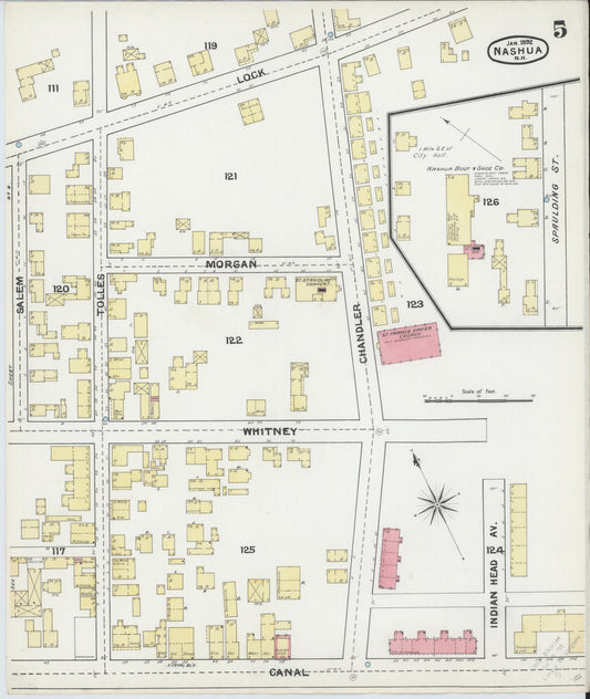Sanborn Fire Insurance Map from Nashua, Hillsborough County, New Hampshire (1892), Sheet #0005 - Historic Sanborn Fire Insurance Map Print, vintage old map wall art, antique decor, genealogy gift, New Hampshire New Hampshire map