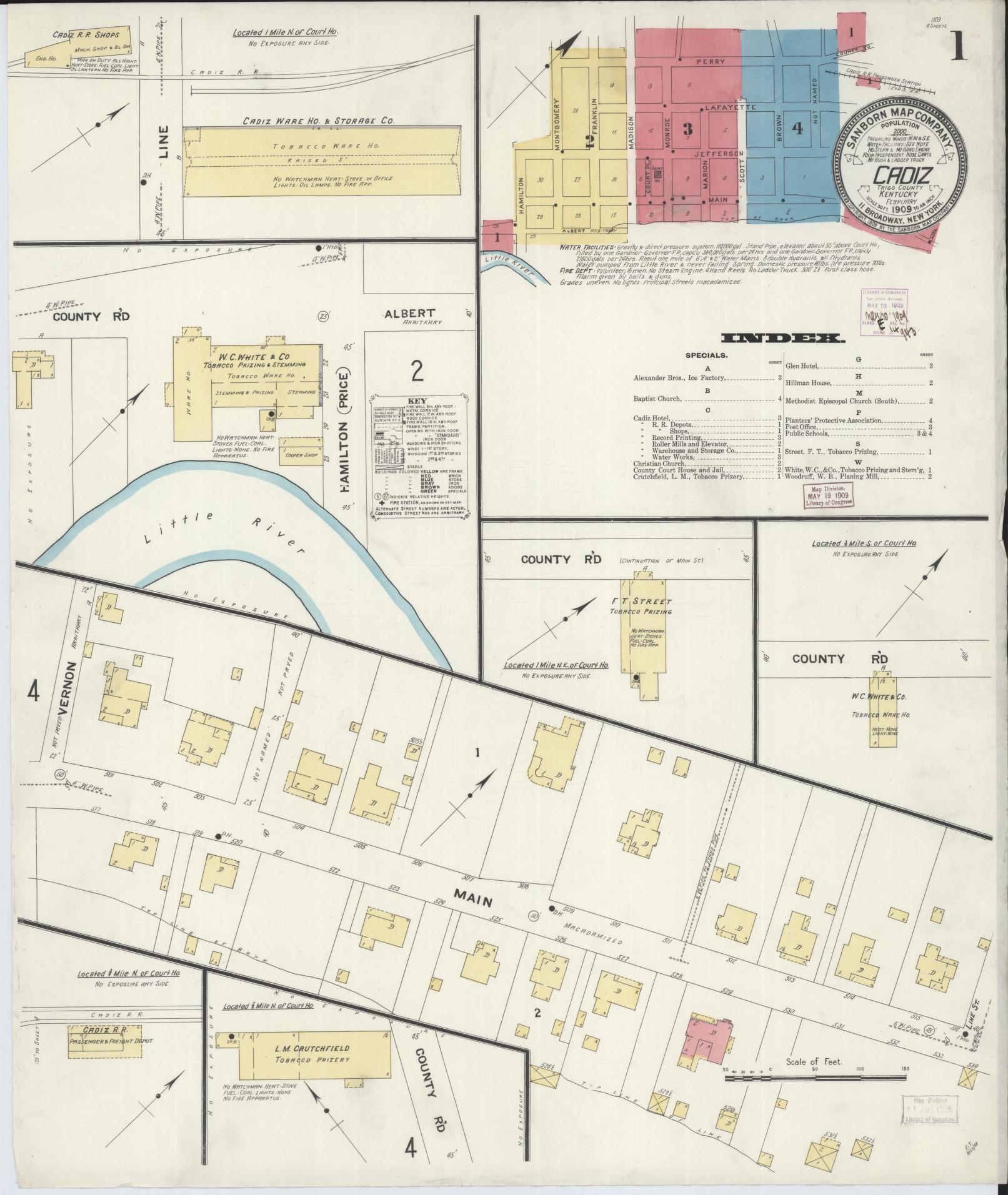 Sanborn Fire Insurance Map from Cadiz, Trigg County, Kentucky (1909), Sheet #0001 - Complete Map Set gallery image, historic Sanborn map, vintage wall art, Kentucky Kentucky