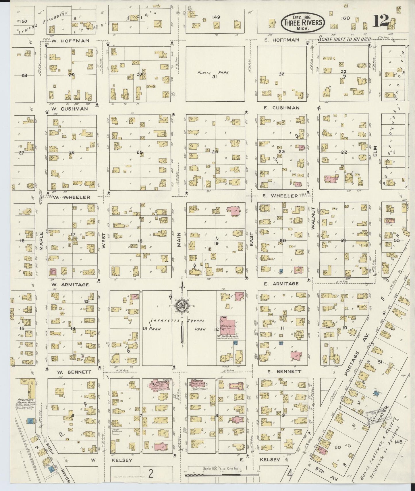 Sanborn Fire Insurance Map from Three Rivers, Saint Joseph County, Michigan (1916), Sheet #0012 - Historic Sanborn Fire Insurance Map Print, vintage old map wall art, antique decor, genealogy gift, Michigan Michigan map
