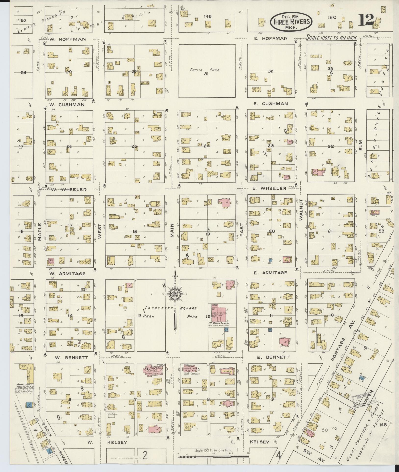 Sanborn Fire Insurance Map from Three Rivers, Saint Joseph County, Michigan (1916), Sheet #0012 - Historic Sanborn Fire Insurance Map Print, vintage old map wall art, antique decor, genealogy gift, Michigan Michigan map