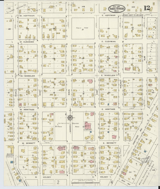 Sanborn Fire Insurance Map from Three Rivers, Saint Joseph County, Michigan (1916), Sheet #0012 - Historic Sanborn Fire Insurance Map Print, vintage old map wall art, antique decor, genealogy gift, Michigan Michigan map